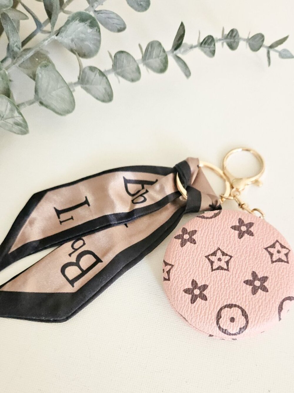 Portable Compact Mirror Keychain w/Ribbon - Pink/Brown - S/H Discount